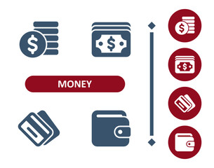 Money icons. Coins, coin, dollar, dollar bill, banknote, cash, credit card, wallet icon