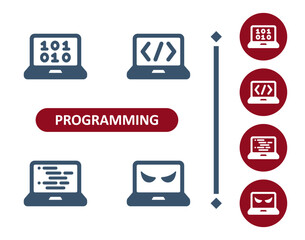 Programming icons. Coding, hacking, hack, code, computer, laptop, binary code, hacker icon