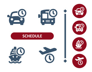 Schedule icons. Time, clock, public transport, car, bus, ship, plane icon