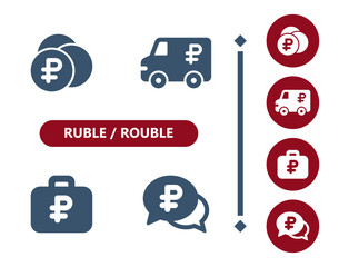 Ruble, rouble icons. Coins, Coin, armored truck, briefcase, suitcase, chat bubble, wealth icon