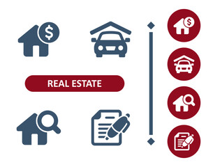 Real estate icons. House, home, dollar, price, for sale, garage, car, search, magnifier, mortgage, contract icon