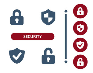 Security icons. Lock, locked, shield, safe, secure, unlock, unlocked, checkmark, verified icon
