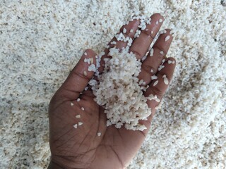 wet rice on the hand