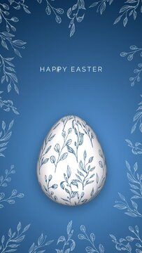 Blue background with patterns and 3D egg. Happy Easter. Painted Easter egg loop animation. Vertical video.
