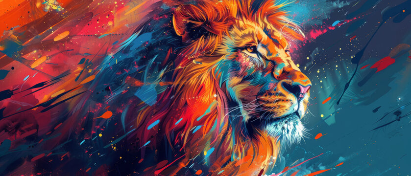 Vibrant abstract painting featuring a colorful lion set against a backdrop of dynamic lines and curves, capturing the essence of animals.