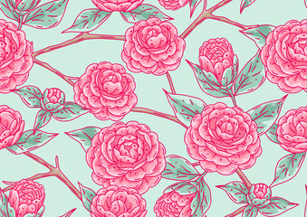 Pattern with camellia flowers. Beautiful decorative plants.