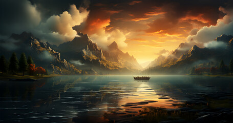 Epic fantasy scene with water and surrounding mountains during sunrise in the evening sky