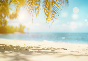 Beautiful exotic blurred seaside view with tropical palms and sand, summer vacation and travel concept.