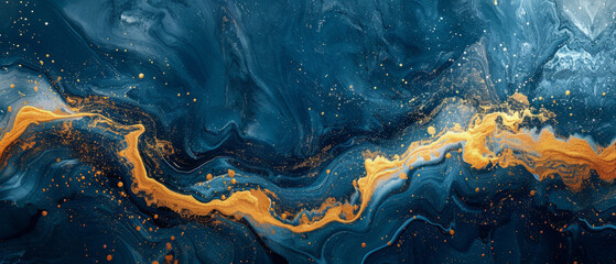 Fototapeta premium An abstract marble textured painting featuring blue waves, swirls, and gold splashes, creating a luxurious and elegant background.