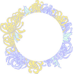 Composition-frame of a chrysanthemum flower with leaves in lilac-lilac pastel colors on a transparent background. Delicate digital illustration in Asian style for wedding design, branding, scrapbookin