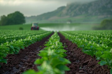 Early morning view of a tractor spraying on lush crop fields with a hazy backdrop, capturing the essence of agriculture and cultivation