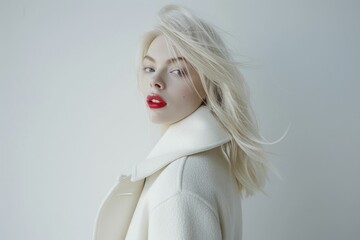 Blonde woman in white coat with vibrant red lipstick posing against neutral background