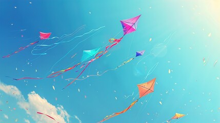 Kites soaring high above, their bright tails trailing behind them, adding a splash of color to the clear blue canvas of the sky.