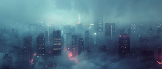 A mesmerizing cityscape enveloped in mist, with glowing city lights illuminating the urban skyline with beautiful illustrations. - obrazy, fototapety, plakaty