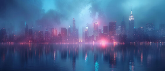 Mysterious cityscape engulfed in mist with bright lights shining through the fog, featuring a detailed urban skyline illustration