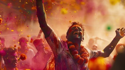 Holi revellers dancing to lively music, their bodies adorned with colorful garlands and their faces beaming with sheer joy.