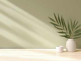 Olive background with palm leaf shadow and white wooden table for product display, summer concept. Vector illustration