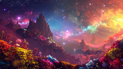 Abstract fantasy landscape in multi colors with stars. - obrazy, fototapety, plakaty