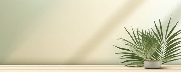 Olive background with palm leaf shadow and white wooden table for product display, summer concept. Vector illustration