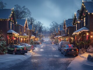 A Christmas scene with houses and cars on a snowy street. Scene is festive and cozy