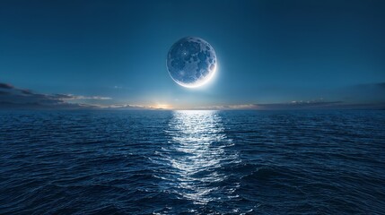 A full moon shines brightly in the night sky, casting a silver glow over the vast expanse of the ocean. The moons reflection dances on the gently rippling waves, creating a mesmerizing scene of natura