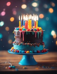 .Colorful celebration birthday cake with colorful birthday candles and sparklers against a blue background