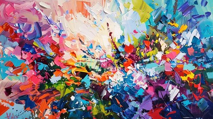 Capture the essence of Utopian Dreams through a vibrant explosion of colors and shapes in an abstract impressionism piece, portraying an aerial view of an imaginary perfect society Utilize acrylic pai - obrazy, fototapety, plakaty