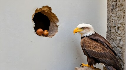 an beautiful eagle carrying an acorn isolate on a white background peers out from a hole in the wall