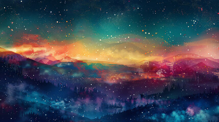 Abstract fantasy landscape in multi colors with stars.