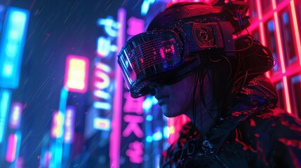 Capture the intricate details of futuristic cyberpunk attire with a low-angle view, blending neon colors in a chaotic, yet harmonious manner Explore a digital rendering technique to bring out the edgy - obrazy, fototapety, plakaty