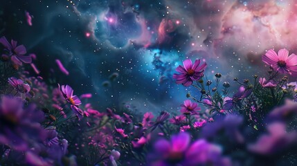 A breathtaking view of a cosmic garden, with vibrant flowers blooming amidst swirling galaxies and radiant star clusters, creating an ethereal oasis in the depths of space.