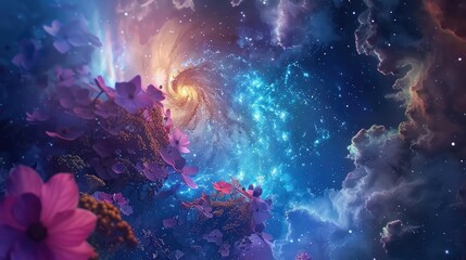 Obraz na płótnie Canvas A breathtaking view of a cosmic garden, with vibrant flowers blooming amidst swirling galaxies and radiant star clusters, creating an ethereal oasis in the depths of space.