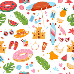 Pattern with summer accessories. Seamless pattern with pool rubber ring, ice cream, sunglasses, panama, flip flops. Fun rubber rings in the form of donut