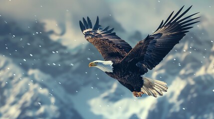 Capture the majestic grace of a soaring eagle from a low-angle perspective, blending street art style with a pop of unexpected camera angle for a unique twist in a digital rendering technique - obrazy, fototapety, plakaty