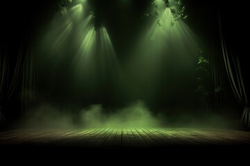 Olive stage background, olive spotlight light effects, dark atmosphere, smoke and mist, simple stage background, stage lighting, spotlights