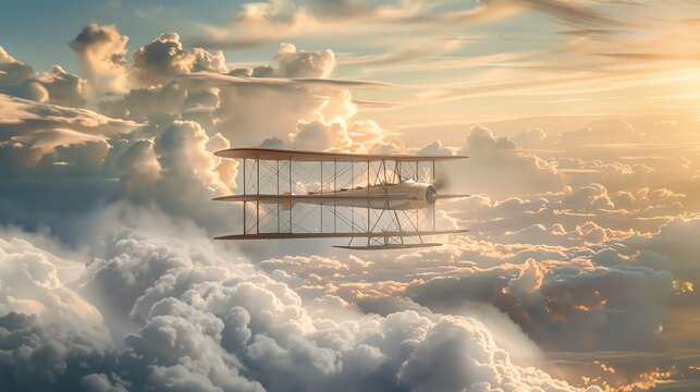 Capture the Wright brothers first flight in surrealistic style, incorporating dreamlike clouds and a vintage aircraft, rendered in photorealistic detail