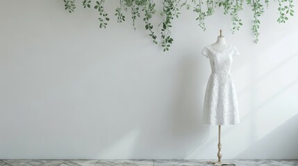 white dress mockup, mannequin dress model, white wall and plant background