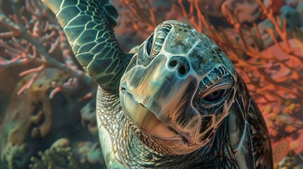 Sea turtle's gaze, close-up, high-angle, ancient mariner, wise eyes, coral backdrop 
