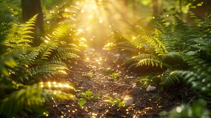 Sunlit forest pathway, dappled light, close-up of ferns, eye-level view, golden hour glow  - obrazy, fototapety, plakaty