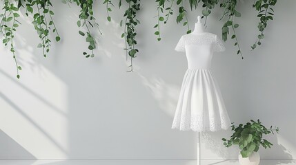 white dress mockup, mannequin dress model, white wall and plant background