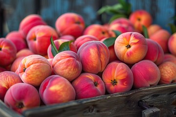A wooden crate full of ripe peaches.