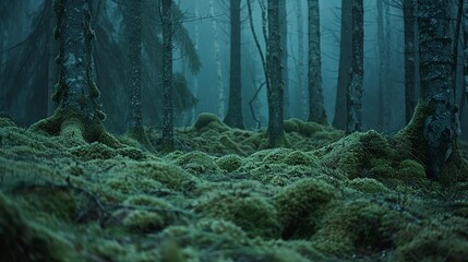 Dense forest, moss-covered trees, close-up, ground-level angle, mysterious twilight ambiance
