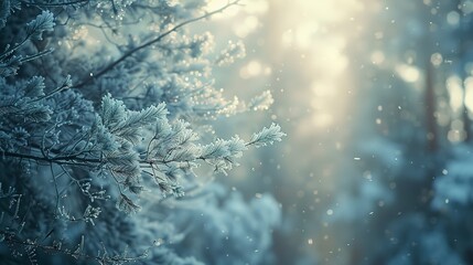 Snowy forest background, frost on branches, close-up, high-angle perspective, winter morning light 