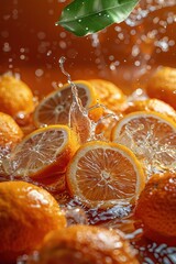 A photo of a lemon being dropped into a pool of orange juice.