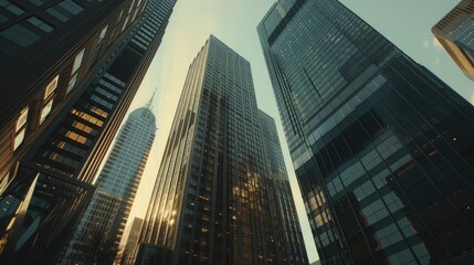 A bustling financial hub with skyscrapers housing banks, investment firms, and financial institutions, where professionals work diligently to manage assets, analyze markets, 