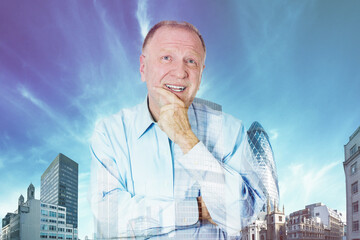 Happy smiling senior male executive on a cityscape background 