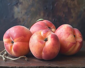 A group of peaches on a wooden table.