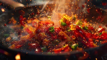 Craft a mesmerizing digital rendering featuring a low-angle view of a vibrant, sizzling stir-fry in progress, showcasing an innovative twist on classic culinary arts
