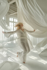 Joyful woman leaping amidst billowing white drapes