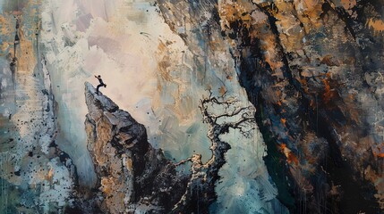 Depict a rock climber scaling a towering cliff, with a focus on the inner battle of fear and determination Use traditional art medium to convey the intense psychological struggle - obrazy, fototapety, plakaty
